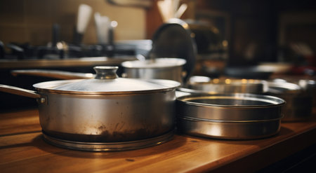 stainless steel pot and lid on a wooden surface.の素材