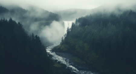 waterfall in the style of atmospheric woodland imagery, misty gothic, aerial view.の素材