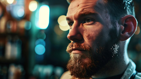 brutal handsome barber portrait in barbershop.の素材