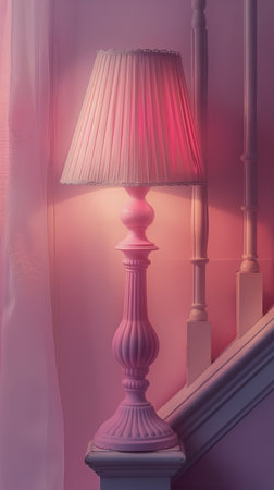 A pink lamp with a matching pink shade placed on a table in a room, providing gentle illumination.の素材