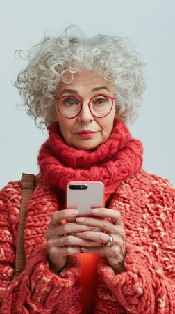 A woman wearing glasses is focused on her cell phone screen.の素材