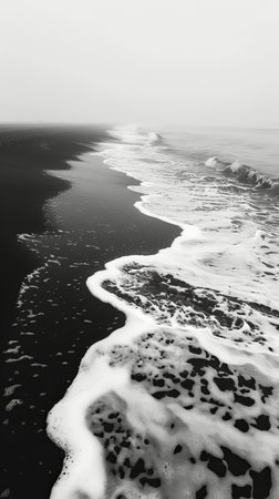 A black and white scene of a beach with waves crashing, seagulls flying, and footprints in the sand.の素材