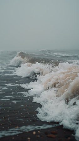 A black and white scene of a beach with waves crashing, seagulls flying, and footprints in the sand.の素材