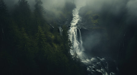 waterfall in the style of atmospheric woodland imagery, misty gothic, aerial view.の素材