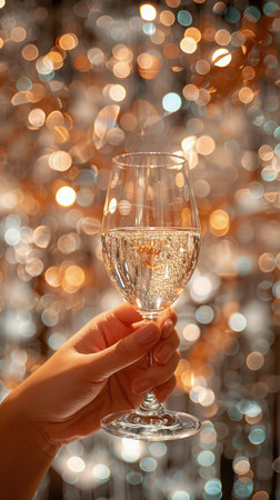 A hand delicately grasps a wine glass in front of a wall adorned with shiny streamers.の素材