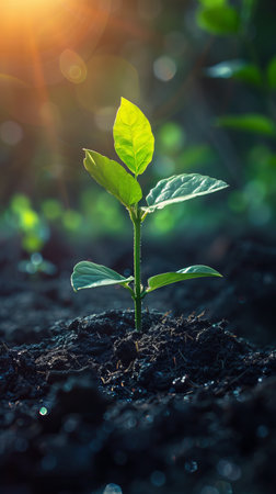 A small green plant emerging from the soil, showing the early stages of growth in a natural setting.の素材