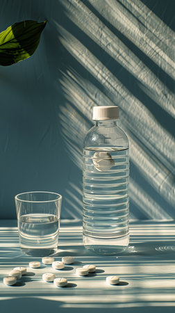 A clear plastic bottle of water is placed next to a glass filled with water on a table.の素材