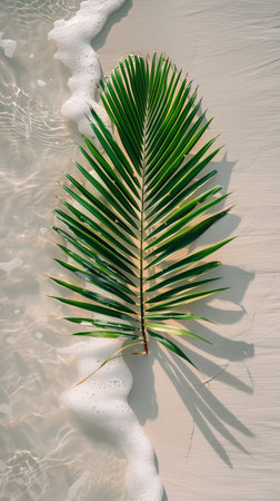 A beach with tall palm trees lining the sandy shore, with the vast blue ocean in the background.の素材