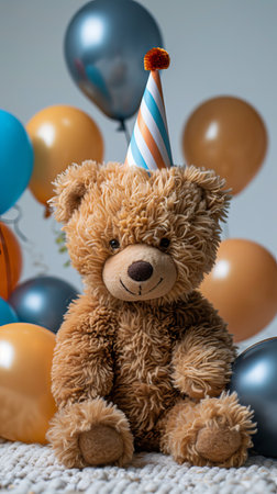 A bear wearing a party hat sits in front of colorful balloons.の素材