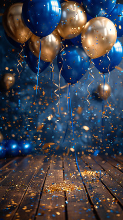 Vibrant blue and gold balloons gently float above a wooden floor, creating a colorful and whimsical atmosphere.の素材