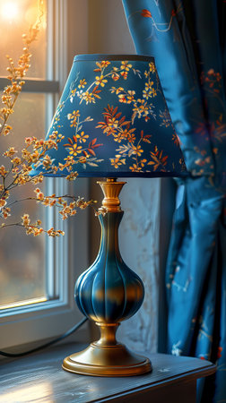 A lamp positioned on a table next to a window, with sunlight filtering through panes onto the table.の素材