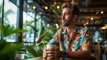 business man in colorful hawaian shirt drings coffee in modern office.の素材