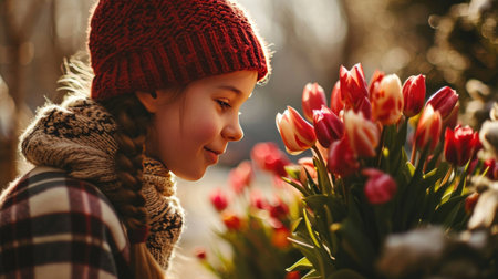 an 8-year-old boy in a knitted red hat gives his mother a bouquet of tulips.の素材