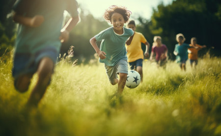 a group of kids play soccer in the green grass.の素材