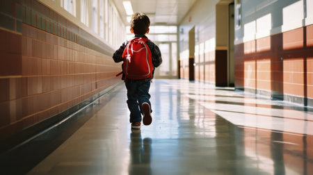 a cheerful boy with a red backpack runs along the school corridor.の素材