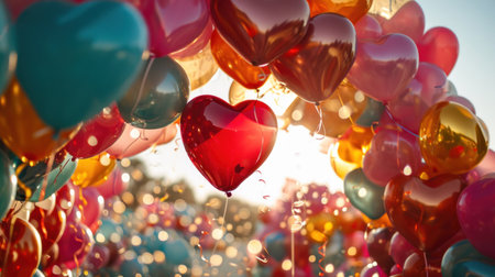 A whimsical display of heart-shaped balloons in various shades.の素材