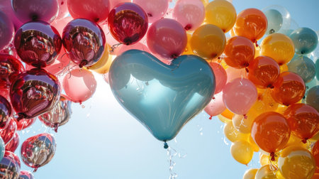 A whimsical display of heart-shaped balloons in various shades.の素材