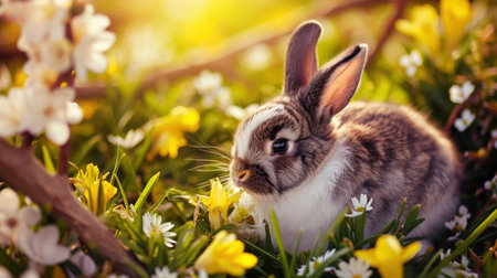 A delightful image capturing the charm of Easter with a fluffy bunny surrounded by spring flowers.の素材