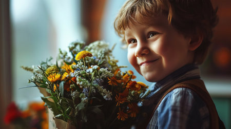cheerful boy gives a bouquet of flowers to his teacher.の素材