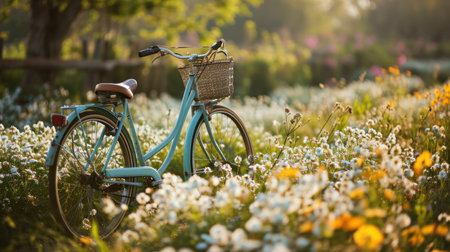 An idyllic scene captures the essence of spring with a vintage bicycle adorned with fresh flowers.の素材