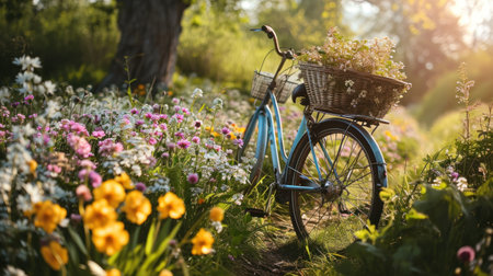An idyllic scene captures the essence of spring with a vintage bicycle adorned with fresh flowers.の素材
