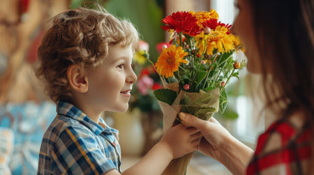 cheerful boy gives a bouquet of flowers to his teacher.の素材