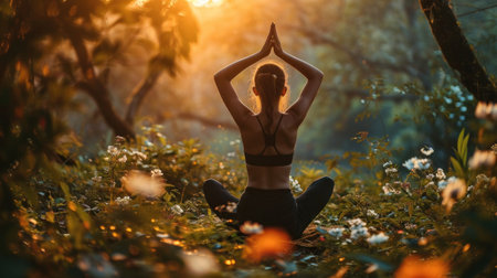 Capture the tranquility of a yoga session amidst blooming nature.の素材