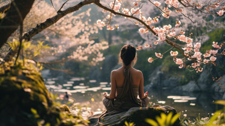 Capture the tranquility of a yoga session amidst blooming nature.の素材