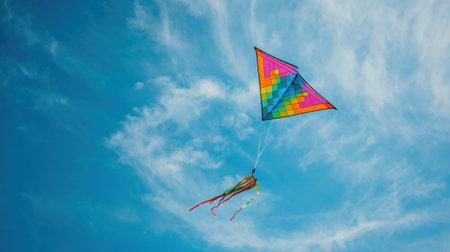Experience the exhilaration of springtime by soaring high with a colorful kite against a clear blue sky.の素材