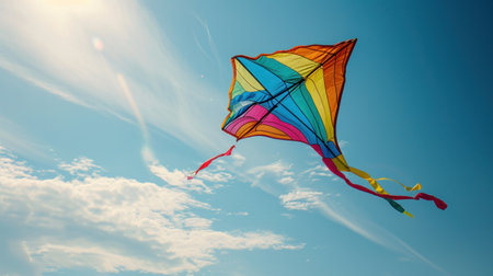 Experience the exhilaration of springtime by soaring high with a colorful kite against a clear blue sky.の素材