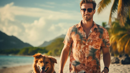 handsome man in a bright Hawaiian shirt walks with a dog on the beach of a tropical island.の素材