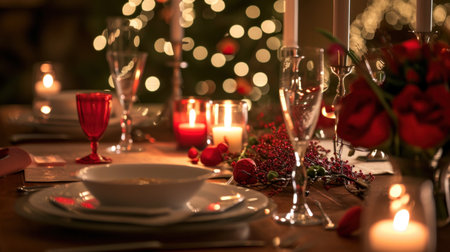 Set the mood with a beautifully arranged candlelit dinner scene featuring an elegant table setting.の素材