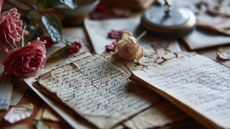 Transport your audience to a nostalgic era with an image of vintage love letters arranged artistically on a desk..の素材
