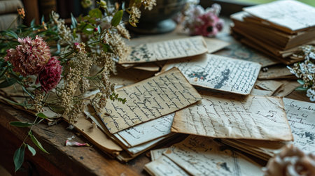 Transport your audience to a nostalgic era with an image of vintage love letters arranged artistically on a desk..の素材