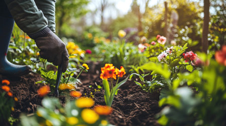 Witness the joy of gardening in spring as a pair of hands lovingly tends to blooming flowers and lush green plants.の素材