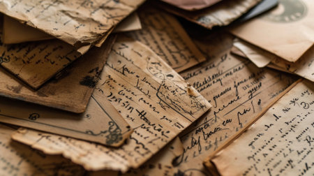 Transport your audience to a nostalgic era with an image of vintage love letters arranged artistically on a desk..の素材