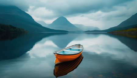 saanen fishing boat in a lake in the mountains.の素材