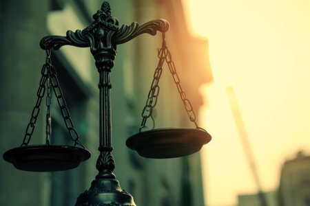 scales of justice in front of a building with the sun behind it.の素材