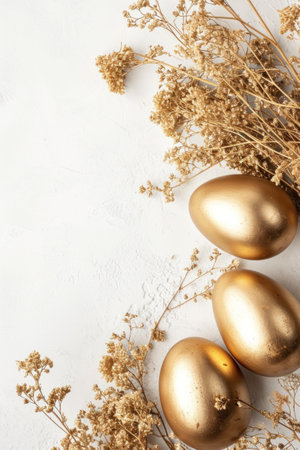 Stylish Easter gold eggs with golden dried flax linum bunch, white background.の素材