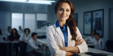 the portrait of a doctor's student teaching in a classroom.の素材