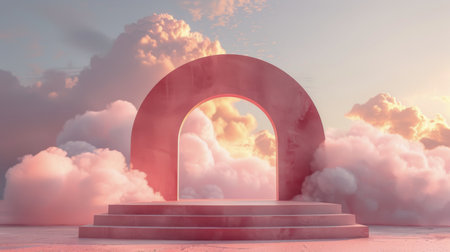 A massive arch structure stands prominently in the center of a cloudy sky, dominating the horizon.の素材