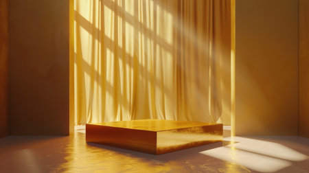A room with a yellow curtain and a wooden table.の素材