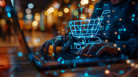 A person sitting in front of a laptop with an open shopping cart displayed on the keyboard.の素材