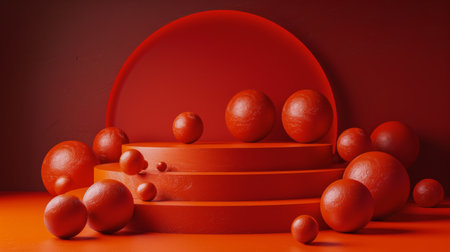 A group of red balls arranged neatly on top of a red block.の素材