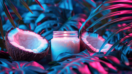 A half-eaten coconut rests next to a glass filled with fresh coconut milk, showing the process of enjoying coconut fruit.の素材