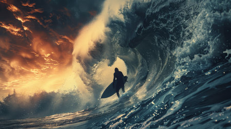 A surfer skillfully rides a powerful, large wave in the ocean, demonstrating agility and balance.の素材