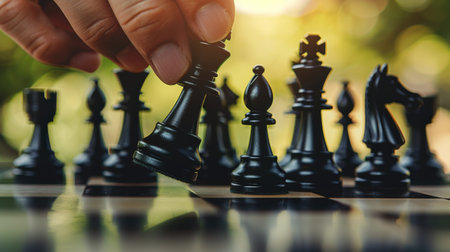 A man focuses intensely while playing a game of chess, contemplating his next move.の素材