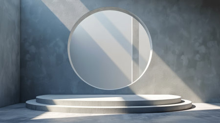 A single concrete step stands prominently in a room with a striking blue wall, creating a simple and modern aesthetic.の素材