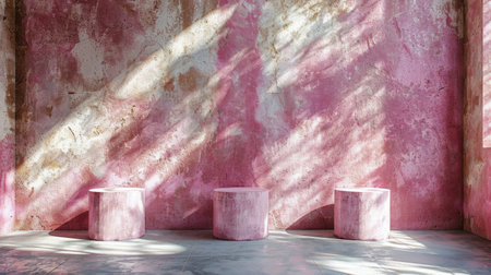 A pink wall stands tall with three cement pillars in front of it, creating a structured and organized urban scene.の素材