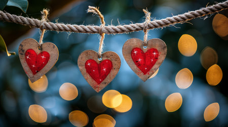 A row of heart-shaped decorations suspended from a sturdy rope, creating a charming display.の素材